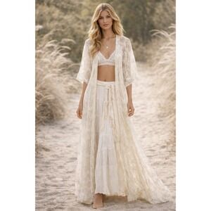 Ivory Lace Maxi Duster Women L Sheer Boho Romantic Festival Ethereal Cottagecore